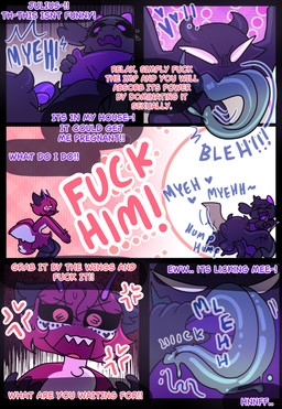 anthro balls black_body black_fur black_sclera chest_tuft demonic dialogue fur genitals hair horizontal_pupils horn membrane_(anatomy) membranous_wings penis pink_body pink_hair pupils purple_eyes text tuft wings halfpricesouls julius_(halfpricesouls) mocha_(halfpricesouls) bovid bovine caprine demon mammal sheep absurd_res comic english_text hi_res