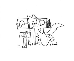 anthro erection genitals kneeling lock male nude penis restraints sign smug smug_expression smug_face smug_grin solo stocks phano canid canine fox mammal monochrome