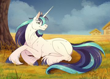 chill feral fluffy fur home hooves horn male plant reward smile solo tree sunny_way friendship_is_magic hasbro my_little_pony mythology shining_armor_(mlp) equid equine horse mammal mythological_creature mythological_equine pony unicorn hi_res