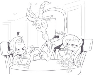 angry anthro antlers beard bow_(feature) bow_tie card chair clothing emanata eyebrows eyelashes facial_hair female feral frustration_cloud furniture gem group half-closed_eyes horn iconography magic male narrowed_eyes playing_card sitting smile sparkles trio uniform wings nauyaco friendship_is_magic hasbro my_little_pony mythology discord_(mlp) fluttershy_(mlp) rarity_(mlp) chimera draconequus equid equine mammal mythological_creature mythological_equine pegasus unicorn monochrome