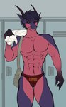 abs anthro bulge clothed clothing horn locker locker_room male muscular muscular_anthro muscular_male purple_body red_body red_eyes satchel solo towel underwear underwear_only papayaa ronin_(xfr) demon fish marine shark hi_res tagme