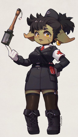 4_fingers accessory boots clothing ear_piercing ear_ring explosives female fingers footwear freckles grenade humanoid_pointy_ears military_uniform necktie not_furry piercing pointy_ears red_cross ring_piercing scar shoes solo stielhandgranate_24 uniform weapon yellow_eyes tenescross minette_(tenescross) goblin humanoid absurd_res hi_res