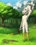 aged_up anthro arrow_(weapon) avian_feet balls beak blue_eyes blush bow_(weapon) clothing cloud detailed_background discarded_clothing feathered_wings feathers forest genitals male nude nude_anthro nude_male penis plant ranged_weapon sky solo tapering_penis target target_practice tree weapon white_balls white_body wings spotty.cat nintendo the_legend_of_zelda tulin_(tloz) avian rito hi_res