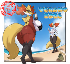 anthro beach beach_umbrella big_breasts big_butt bikini black_bikini black_body black_clothing black_fur black_swimwear border breasts brown_body brown_fur butt clothing cloud cross-popping_vein crown curvy_figure dessert eating eating_food eating_ice_cream eyewear female food fur group hand_on_hip headgear huge_breasts ice_cream ice_cream_cone inner_ear_fluff licking licking_lips looking_at_viewer multicolored_body multicolored_fur one-piece_swimsuit outside parasol postcard sand seaside sky smile soft_serve_ice_cream sunglasses swimwear text thick_thighs tongue tongue_out trio tuft two-piece_swimsuit voluptuous water wearing_sunglasses white_border wide_hips yellow_body yellow_fur hambusan nintendo pokemon delphox generation_6_pokemon pokemon_(species) 2026 artist_name hi_res