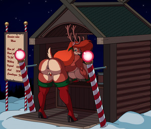 anthro antlers anus big_breasts big_butt breasts butt female genitals holidays horn huge_breasts looking_at_viewer looking_back mostly_nude presenting presenting_hindquarters price_listing pubes smile solo text vulva lordstevie christmas carol_(lordstevie) deer mammal new_world_deer reindeer 2025 english_text hi_res