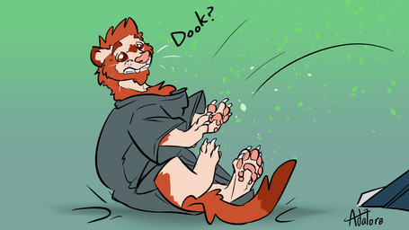 clothing eye_scar facial_hair facial_scar feet foot_focus goatee hair male mid_transformation orange_eyes oversized_clothing paws red_hair scar shirt shrinking shrinking_out_of_clothes size_transformation solo species_transformation topwear transformation white_body white_skin adalore ra'zim gulonine human mammal marten mustelid musteline 16:9 2026 hi_res widescreen