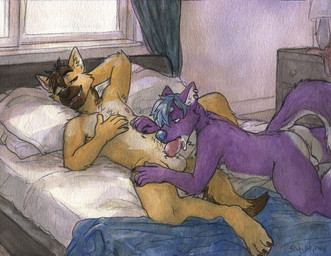 anthro anthro_on_anthro anthro_penetrated anthro_penetrating anthro_penetrating_anthro anus arm_hair armpit_hair backsack ball_tuft balls bed bedding blanket blue_eyes blue_hair blue_nose bodily_fluids body_hair brown_body brown_eyes brown_fur brown_hair brown_nose chest_hair chest_tuft cum cum_in_mouth cum_inside curtains curtains_open detailed_background dresser duo ear_piercing erection fellatio fur furniture genital_fluids genitals hair humanoid_genitalia humanoid_penis lamp lying male male/male male_penetrated male_penetrating male_penetrating_male narrowed_eyes navel nipples nude on_back oral oral_penetration penetration penile penis perineum piercing pink_penis pubes purple_body purple_fur realistic_penis_size sex tuft white_body white_fur sicklyhypnos canid canine canis coyote mammal mephitid skunk painting_(artwork) traditional_media_(artwork) traditional_painting_(artwork) traditional_watercolor_(artwork) watercolor_(artwork)