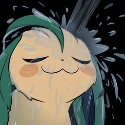 ambiguous_gender black_background black_nose blush blush_lines cat_smile closed_smile ears_down eyes_closed feral fur green_ears mouth_closed pivoted_ears simple_background smile solo tan_body tan_fur water wet wet_body wet_fur tblslt nintendo pokemon weide eeveelution generation_4_pokemon leafeon pokemon_(species) 1:1 2024 icon