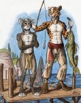 4_toes 5_fingers abs anthro barefoot belly_tuft belt blue_body blue_eyes blue_scales blue_sky bottle bottomwear bowl brown_body brown_fur chest_tuft claws cliff clothed clothing container day digitigrade disappointed duo feet fingers fish_hook fishing_line fishing_net fishing_rod fur grass green_body green_scales grey_body grey_fur hand_on_head holding_fish holding_fishing_rod holding_object hook inner_ear_fluff loincloth loincloth_only looking_aside looking_at_another looking_down male markings motion_lines net open_mouth outside pants pawpads pier pink_pawpads plant scales sky smile spots spotted_body spotted_fur standing straps teeth toes tongue topless tree tuft water water_drop whiskers white_body white_fur 0laffson dungeons_and_dragons hasbro wizards_of_the_coast fekkri_talot rikken_talot bobcat cougar felid feline fish lynx mammal marine tabaxi 2019 dated hi_res painting_(artwork) signature traditional_media_(artwork) watercolor_(artwork) brother_(lore) brothers_(lore) sibling_(lore)