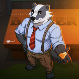 accessory anthro barefoot biped black_nose bottomwear clothed clothed_anthro clothed_male clothing feet fur head_stripe high-angle_view looking_at_viewer looking_up looking_up_at_viewer male male_anthro necktie pants plantigrade shirt slightly_chubby smile solo standing three-quarter_view topwear white_body white_fur nickdrawing beastly_crimes beastly_crimes_(2024) chief_badger badger mammal mustelid musteline 1:1 2026 hi_res