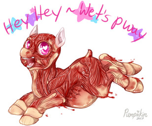 ambiguous_gender baby_talk bloated blood bodily_fluids dialogue exposed_muscle feral flayed gore heart_catchlight hooves nightmare_fuel nosebleed open_mouth open_smile pink_eyes pink_text quadruped running side_view skinless smile solo tail teeth text tongue what pumpiikin fluffy_pony fluffy_pony_(species) mammal 2017 digital_media_(artwork) english_description english_text shaded