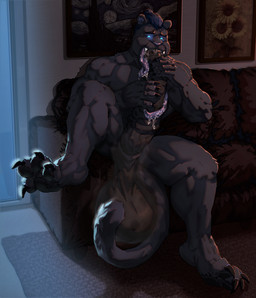anthro autofellatio balls big_balls big_penis black_claws black_pawpads blue_eyes blue_hair claws feet front_view fur furniture genitals glowing glowing_eyes grey_body grey_fur grey_tail hair huge_balls huge_penis inside long_tongue male male_anthro masturbation medial_ring muscular muscular_anthro muscular_male nude on_sofa oral oral_masturbation pawpads penile penile_masturbation penis penis_in_mouth purple_nose purple_tongue sitting sofa solo spread_toes tail toes tongue whiskers dust_yang morgan_kavanagh felid mammal hi_res