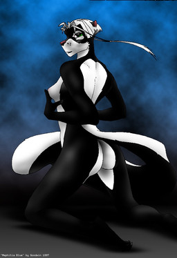 abstract_background anthro big_tail butt covering_nipples female green_eyes hair kneeling looking_at_viewer looking_back nude ponytail pose rear_view solo tail text title white_hair chris_goodwin mammal mephitid skunk 1997 aliasing artist_name digital_media_(artwork) pinup pixel_(artwork) shaded
