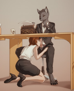 4_toes 5_fingers amber_eyes anthro barefoot black_nose bottomwear brown_hair clothed clothing duo ear_piercing erection feet female female_human female_on_anthro fingers fully_clothed fur genitals grey_body grey_fur hair human_on_anthro interspecies long_tongue male male/female male_anthro male_on_human open_bottomwear open_clothing open_pants pants penis piercing prehensile_tongue sitting toes tongue under_table unprofessional_behavior fruitbloodmilkshake canid canine canis domestic_dog human mammal absurd_res hi_res