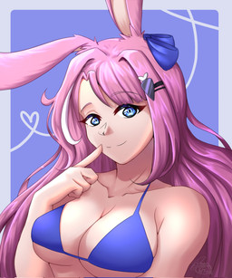 accessory animal_ears big_breasts bikini blue_background blue_bikini blue_clothing blue_eyes blue_swimwear border breasts carrot_hairclip clothed clothed_female clothed_humanoid clothing female finger_on_face grey_border hair hair_accessory hair_ribbon hairclip long_hair looking_at_viewer pink_hair rabbit_ears ribbons simple_background smile solo swimwear two-piece_swimsuit dragoneko06 kuyoko_yuki animal_humanoid humanoid lagomorph lagomorph_humanoid leporid leporid_humanoid mammal mammal_humanoid rabbit rabbit_humanoid 2023 half-length_portrait hi_res portrait