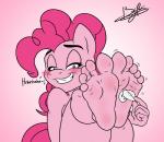 5_toes anthro anthrofied benjipaws blush body_blush earth_pony equid equine eyelashes feathers feet female foot_blush foot_focus friendship_is_magic gradient_background hasbro hi_res horse humanoid_feet laugh mammal my_little_pony nude pink_background pinkie_pie_(mlp) plantigrade pony simple_background soles solo tickling toes