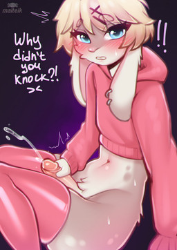 5_fingers abstract_background accessory anthro aroused athletic blonde_hair blue_eyes blush bodily_fluids body_blush bottomless caught_in_the_act caught_masturbating caught_off_guard caught_while_cumming clothed clothing crop_top crossdressing cum cumshot dialogue ear_piercing ejaculation embarrassed erection exclamation_point eyebrows femboy fingers floppy_ears front_view fur genital_fluids genitals glistening glistening_clothing hair hair_accessory hairpin humanoid_genitalia humanoid_penis jewelry legwear logo long_ears looking_at_viewer looking_pleasured lop_ears male masturbation mostly_nude navel open_mouth penile penis piercing pink_body pink_clothing pink_crop_top pink_fur pink_legwear pink_nose pink_penis pink_shirt pink_stockings pink_thigh_highs pink_topwear realistic_penis_size shaking shirt shocked shy simple_background sitting skindentation solo speech_bubble steam stockings surprised sweat sweatdrop text thick_thighs thigh_highs tight_clothing topwear trembling white_body white_fur wide_hips conditional_dnp maiteik angie_(maiteik) lagomorph leporid mammal rabbit 2025 artist_logo digital_media_(artwork) english_text hi_res url watermark