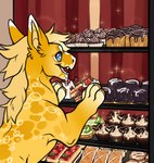 bodily_fluids cake cake_slice dessert drooling feral food fur hair open_mouth open_smile saliva smile solo cocodrops_(artist) mythology dragon furred_dragon furred_scalie mythological_creature mythological_scalie scalie