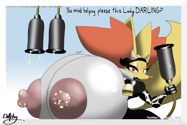 animal_print anthro areola big_breasts bodily_fluids breasts collar cow_print cowbell erect_nipples eyelashes eyeshadow female fur grey_body grey_fur hair huge_breasts hyper hyper_breasts lactating machine makeup milk milking_machine nipples open_mouth orange_hair pink_areola pink_nipples red_eyes solo tail text white_body white_fur yellow_body yellow_fur delphyarts nintendo pokemon delphox generation_6_pokemon pokemon_(species) absurd_res english_text hi_res