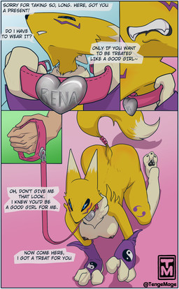 anthro black_nipples black_sclera blue_eyes breasts clenched_teeth close-up clothing collar collar_tag crawling dialogue double_tomoe duo feet female fur gloves good_girl handwear leash looking_down looking_up male male/female markings nipples pawpads paws soles submissive submissive_anthro submissive_female teeth text toes tomoe_(symbol) yellow_body yellow_fur tenge_mage bandai_namco digimon tuff canid canine digimon_(species) fox human mammal renamon comic english_text hi_res