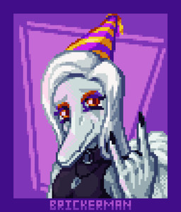 amber_eyes anthro black_clothing black_crop_top black_shirt black_topwear blue_body clothed clothed_anthro clothed_female clothing crop_top devil_horns_(gesture) eyebrows feathered_wings feathers female female_anthro fingers geometric_background gesture grey_hair hair hand_gesture happy hat headgear headwear humanoid_hands jewelry long_hair necklace outline party_hat purple_outline raised_inner_eyebrows shirt simple_background smile solo text topwear white_body white_feathers white_hair wings brickingbad goodbye_volcano_high ko_op_(game_developer) fang_(gvh) prehistoric_species pterosaur reptile scalie 2025 artist_name bust_portrait colored digital_media_(artwork) hi_res pixel_(artwork) portrait