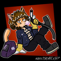 anthro blowing_bubble_gum boots clothing dog_tags face_shield female footwear gloves handwear jacket lgbt_pride mask pattern_clothing pattern_shirt pattern_topwear pride_colors shirt shoes solo striped_clothing striped_shirt striped_topwear stripes topwear transgender_pride_colors welding_mask welding_torch maplebrownsgr maple_(maplebrownsgr) bengal_cat domestic_cat felid feline felis mammal 1:1 hi_res