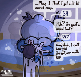abdominal_bulge anthro balls big_balls blue_body blue_feathers bodily_fluids brown_body brown_fur cum cum_in_mouth cum_inflation cum_inside dialogue duo excessive_cum excessive_genital_fluids eye_roll feathers feet fur genital_fluids genitals glistening glistening_body heart_symbol hyper hyper_abdominal_bulge inflation male male/male muscular muscular_anthro muscular_male onomatopoeia oral oral_penetration pecs penetration sound_effects talons text toes tongue tongue_out translucent upside_down lanopoli cartoon_network regular_show mordecai_(regular_show) rigby_(regular_show) avian bird blue_jay corvid jay_(bird) mammal new_world_jay oscine passerine procyonid raccoon english_text hi_res