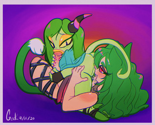 balls breasts butt clothed clothing duo fellatio female genitals green_hair gynomorph gynomorph/female hair horn intersex intersex/female mouth_on_penis oral penile penis sex simple_background tail funkys0da sega sonic_the_hedgehog_(series) fan_character the_deadly_six zeena horned_humanoid humanoid mammal scalie zeti digital_media_(artwork)
