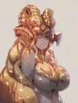 4_horns amber_eyes big_breasts blonde_hair breasts convenient_censorship female fur grey_body grey_skin hair hair_covering_breasts horn jewelry looking_down multi_horn necklace simple_background solo sparkles tan_background yellow_body yellow_fur bow_(artist) capcom monster_hunter mythology animal_humanoid dragon dragon_humanoid elder_dragon humanoid kulve_taroth mythological_creature mythological_scalie scalie 2018 half-length_portrait portrait