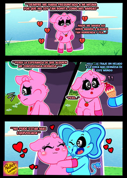 anthro blue_body blush dessert duo female food heart_symbol hug ice_cream male pink_body smile tail text rocketlennon mob_entertainment poppy_playtime smiling_critters bubba_bubbaphant pickypiggy domestic_pig elephant elephantid mammal proboscidean suid suine sus_(pig) absurd_res comic hi_res spanish_text