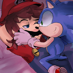 5_fingers anthro armwear bed bedroom big_eyes big_head black_hair black_nose blue_body blue_eyes brown_hair button_(fastener) clothed clothing crossover_ship duo facial_hair fingers footwear frown furniture glistening gloves green_eyes hair half-closed_eyes handwear happy hat headgear headwear human_on_anthro inside interspecies male male/male male_on_bottom male_on_top mustache narrowed_eyes nude on_bottom on_top overalls plumber quills_(anatomy) romantic romantic_couple shadow shirt shoes short_hair side_mouth smile socks straddling text text_on_clothing text_on_hat text_on_headwear toony topwear white_armwear white_clothing fannfare mario_bros nintendo sega sonic_the_hedgehog_(series) mario sonic_the_hedgehog eulipotyphlan hedgehog human mammal 1:1 crossover