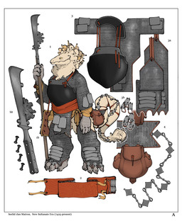 accessory anthro armor bag border breastplate chainmail claws clothed clothing feet female furgonomics holding_object holding_weapon label pupils slit_nostrils slit_pupils solo standing tail tail_accessory tail_bag talon_hands talons tan_body text toes weapon white_border yellow_eyes xenopera seelid 2025 absurd_res digital_media_(artwork) english_text hi_res