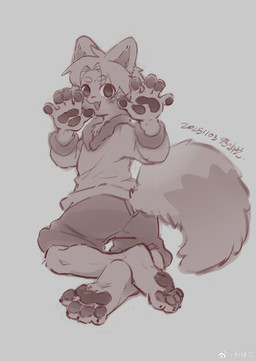 4_toes 5_fingers anthro bangs big_tail bottomwear circle_eyebrows claws clothed clothing crossed_legs dipstick_tail eyebrow_through_hair eyebrows feet fingers foot_fetish foot_focus fox_ears fox_tail furgonomics hair handpaw hoodie kneeling looking_at_viewer looking_back male markings pawpads paws presenting shorts simple_background solo sweater tail tail_clothing tail_markings tan_background text toe_claws toes topwear translucent translucent_hair weibo_logo young young_anthro young_male teien weibo canid canine canis fox mammal absurd_res chinese_text hi_res monochrome signature