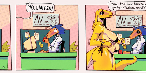 anthro beverage bikini breasts clothing coffee computer dialogue duo electronics eyelashes eyeshadow eyewear female freckled_face freckles furgonomic_piercing furgonomics glasses glistening_eyelids long_eyelashes makeup motion_lines piercing plant post-it_note snake_hood snake_hood_piercing swimwear tail tear_trough text two-piece_swimsuit deltav debra_(deltav) lauren_(deltav) dinosaur dromaeosaurid prehistoric_species reptile saurischian scalie snake theropod 3:1 absurd_res comic english_text hi_res