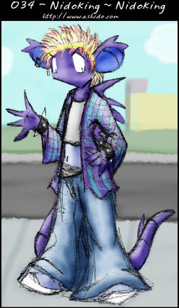 anthro blonde_hair bracelet building clothed clothing crossdressing female hair highlights_(coloring) jewelry midriff navel open_clothing open_shirt open_topwear orange_hair outside oversized_clothing pokemorph purple_body purple_scales scales shirt solo spiked_bracelet spikes spikes_(anatomy) topwear underwear zarla nintendo pokemon generation_1_pokemon nidoking pokemon_(species)