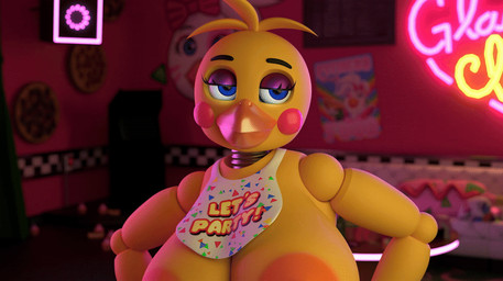 anthro areola beak bib big_areola big_breasts blue_eyes blurred_background breasts eyebrows female half-closed_eyes hands_on_hips huge_breasts inside machine narrowed_eyes neon nipples non-mammal_breasts non-mammal_nipples orange_areola orange_nipples purple_eyelids raised_eyebrow smile solo text yellow_body lpyro9 mipsmiyu_(modeler) five_nights_at_freddy's five_nights_at_freddy's_2 scottgames runaboo_chica toy_chica_(fnaf) animatronic avian bird chicken galliform phasianid robot robot_anthro 3d_(artwork) 3d_animation animated digital_media_(artwork) english_text