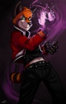 anthro belt biped black_nose bottomwear claws clothed clothing collar colored_fire fingerless_gloves fire fully_clothed fur gloves green_eyes handwear jacket looking_at_viewer magic male pants purple_fire red_clothing red_shirt red_topwear shirt smile solo standing topwear fox-die fatal_fury king_of_fighters rock_howard ailurid canid canine fox hybrid mammal red_panda hi_res