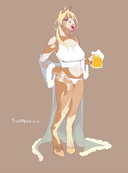 alcohol anthro beer beverage biped blonde_hair blue_eyes breasts brown_body brown_fur clothed clothing eyelashes eyeliner female fur grumpy hair half-closed_eyes holding_object hooves looking_at_viewer makeup narrowed_eyes navel panties robe simple_background solo standing underwear white_body white_fur suutooroo grace_(suutooroo) equid equine horse mammal hi_res