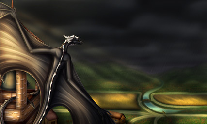 bell_tower electricity feral field grass horn lightning male plant river scales solo spines storm sun tail village shadarrius european_mythology mythology morghus dragon mythological_creature mythological_scalie scalie western_dragon wyvern 2019 5:3 digital_media_(artwork)