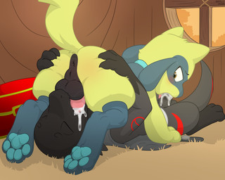 3_toes 4_toes 69_position animal_genitalia animal_penis anthro anus balls blush bodily_fluids butt butt_grab canine_genitalia canine_penis clothed clothing cum cum_in_mouth cum_inside duo erection feet fellatio fur genital_fluids genitals hand_on_butt humanoid_genitalia humanoid_penis interspecies knot knotted_penis looking_back male male/male male_penetrated male_penetrating male_penetrating_male open_mouth oral oral_penetration penetration penile penile_penetration penis sex simple_background tail toes tongue whyvern nintendo pokemon pokemon_mystery_dungeon spike_chunsoft riki_the_riolu canid canine generation_4_pokemon generation_7_pokemon mammal pokemon_(species) reptile riolu salandit scalie shiny_pokemon 5:4 absurd_res digital_media_(artwork) hi_res