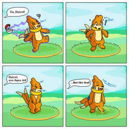 2_tails 3_toes 4_panel_comic black_nose blue_fins bodily_fluids breath countershade_face countershade_fur countershade_torso countershading desperation dialogue digitigrade dipstick_tail dizzy drooling emanata exclamation_point eyebrows eyes_closed fangs featureless_chest feet female fin flat_chested flotation_device fur genital_fluids genitals grass happy holding_crotch humor incontinence knock-kneed leaking_urine looking_at_self looking_down markings multi_tail nude offscreen_character omorashi on_one_leg onomatopoeia open_mouth orange_body orange_fur outside pawpads paws peeing peeing_on_ground peeing_outside plant pokeball pokemon_battle pokemon_speak potty_dance raised_arm raised_eyebrows raised_tail relieved saliva semi-anthro short_legs sky solo sound_effects speech_bubble spiral spiral_eyes squiggle_mouth standard_pokeball standing surprised sweat sweatdrop tail tail_markings tan_body tan_countershading teeth text three-quarter_view toes urine urine_drip urine_on_ground urine_stream using_pokeball vulva whisker_markings wide_eyed pixel_vibri nintendo pokemon buizel generation_4_pokemon pokemon_(species) 1:1 2026 absurd_res aliasing comic digital_media_(artwork) english_text hi_res