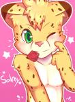 anthro bedroom_eyes blush brown_spots condom fur green_eyes half-closed_eyes happy inner_ear_fluff inviting male narrowed_eyes one_eye_closed pink_nose seductive sexual_barrier_device smile solo spots tuft yellow_body yellow_fur young young_anthro kake0078 salmy cheetah felid feline mammal