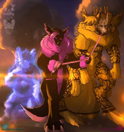 3_heads 3_tails 4_arms anthro black_body blue_body bone bone_mask clothing collar forrestsleeth fur golden_crystal group horn leash magenta_fur markings mask multi_arm multi_head multi_limb multi_tail oeeco_oceenna park size_difference skull skull_mask symbol tail trio walking yellow_body yellow_fur suchlambada17 european_mythology greek_mythology mythology neeco_neecoola canid canid_demon canine canis cerberus demon ghost goo_creature hellhound mammal mythological_canine mythological_creature spirit wolf
