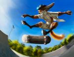 2019 anthro black_nose bottomwear brown_body brown_fur canid canine clothed clothing day detailed_background digital_media_(artwork) feet fennec_fox fingers fox fur hair male mammal multicolored_body multicolored_fur orange_body orange_fur outside shirt shorts skateboard sky solo swish toes topwear true_fox vehicle