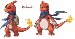 ambiguous_gender backpack bandage blue_eyes feral fire flaming_tail looking_at_viewer open_mouth orange_body orange_skin scar scarf simple_background solo tail teeth text white_background lan_rizardon nintendo pokemon charmeleon generation_1_pokemon lizard pokemon_(species) reptile scalie richard_(disambiguation) english_text