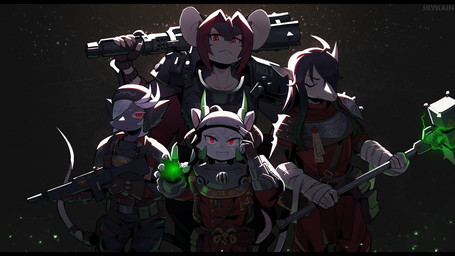 anthro armor backlighting black_hair clothed clothing club_(weapon) eyes_closed female fully_clothed fur glowing glowing_eyes green_highlights grey_body grey_fur grin group gun hair hairless hammer headgear helmet highlights_(coloring) hood horn light long_hair looking_at_viewer magic magic_user melee_weapon pink_body pink_skin ranged_weapon red_clothing red_eyes red_hair rifle short_hair simple_background smile standing tail teeth tools weapon white_body white_fur white_hair skykain darktide warhammer_(franchise) warhammer_fantasy deathmaster_snikch queek_headtaker skrolk thanquol mammal murid murine rat rodent skaven 16:9 colored digital_media_(artwork) hi_res lighting shaded widescreen