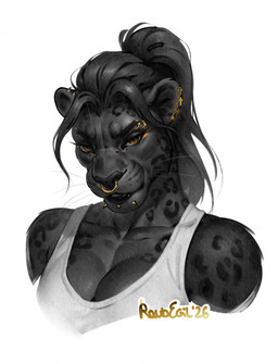 anthro black_body black_fur black_hair breasts clothing ear_piercing eyebrow_piercing eyebrow_ring facial_piercing female fur furgonomic_piercing furgonomics gold_(metal) gold_jewelry hair jewelry leopard_spots lip_piercing lip_spike looking_at_viewer muzzle_piercing nose_piercing nose_ring piercing ponytail ring_piercing shirt simple_background solo spots tank_top topwear whiskers white_background yellow_eyes raudegil felid jaguar mammal pantherine 2026 bust_portrait hi_res portrait signature