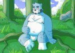 anthro asian_clothing belly blue_body blue_fur bulge clothing detailed_background east_asian_clothing fundoshi fur japanese_clothing kemono male moobs navel nipples outside overweight overweight_anthro overweight_male sitting solo underwear white_body white_fur hokolee32 bonasiah full_attack sophring_jie bear mammal 2020 hi_res