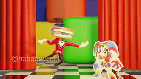 black_bottomwear black_clothing black_pants block bloodshot_eyes blue_eyes bottomwear bow_tie brown_hair cardboard_cutout checkered checkered_floor clothing curtains duo female fool's_hat footwear for_a_head frown gesture gloves green_eyes gun gunshot hair hand_gesture handgun handwear hat headgear headwear heterochromia humor implied_drugs jester jester_outfit laugh looking_at_viewer male maniacal_laughing multicolored_clothing multicolored_eyes music pants parody pistol pointing pointing_up ranged_weapon red_clothing red_suit ringmaster shoes snorting substance_intoxication suit teeth top_hat weapon white_body white_clothing white_gloves white_handwear white_skin hoboguycool alex_rochon_(va) glitch_productions the_amazing_digital_circus caine_(tadc) pomni_(tadc) digital_creature human humanoid mammal object_head tooth_creature 16:9 2023 3d_(artwork) 3d_animation animated digital_media_(artwork) hi_res short_playtime sound voice_acted watermark webm widescreen