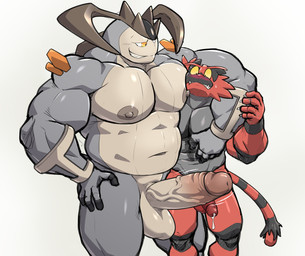 abs anthro arm_around_partner arm_around_shoulders balls barazoku bedroom_eyes big_balls big_muscles big_pecs big_penis black_body blush blush_lines bodily_fluids chokehold claws dominant dominant_anthro dominant_male dripping duo erect_nipples erection genital_fluids genitals glans gradient_penis green_eyes grey_body hand_on_hip headlock horn leaking_precum looking_at_another looking_at_genitalia looking_at_penis looking_down male male/male motion_lines musclegut muscular muscular_anthro muscular_male narrowed_eyes navel nipples nude nude_anthro nude_male orange_eyes pecs penile penis penis_size_difference penises_touching precum precum_drip red_body red_nose seductive sharp_teeth simple_background size_difference snout sweat tail teeth vein veiny_penis white_background worried worried_look yellow_sclera maldu nintendo pokemon generation_5_pokemon generation_7_pokemon incineroar legendary_pokemon pokemon_(species) terrakion absurd_res hi_res portrait shaded three-quarter_portrait